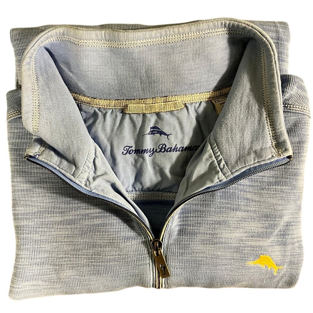 Tommy Bahama XXL 1/4 Zip Pullover Sweater Blue Heather Yellow Embroidery Logo